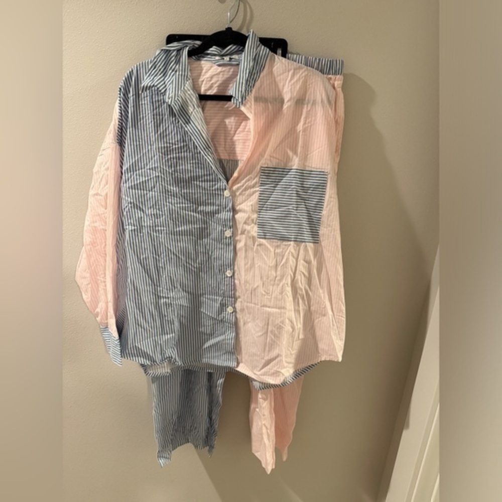 Love & Lore Size L Striped Colorblock Sleep Shirt‎ & Pants Poplin Pajama Set